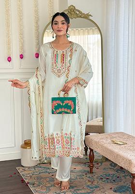 Cream Embroidered Viscose Kurta Set 