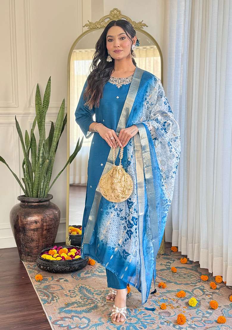 Petrol Blue Embroidered Viscose Kurta Set  - Indya