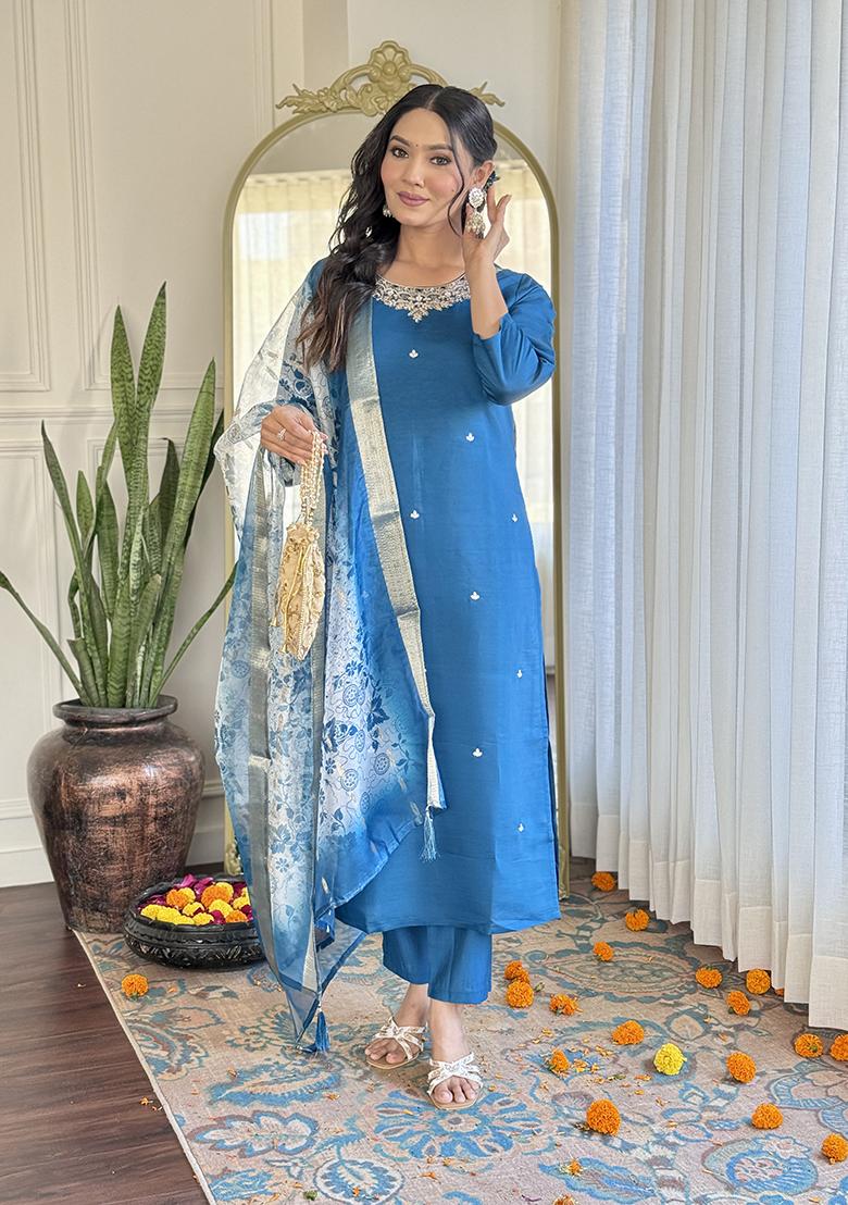 Petrol Blue Embroidered Viscose Kurta Set 