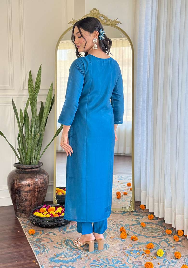 Petrol Blue Embroidered Viscose Kurta Set  - Indya
