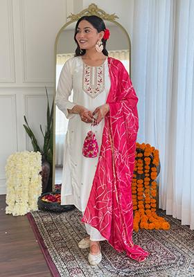 Off White Embroidered Chinnon Kurta Set 