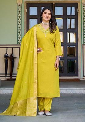 Green Embroidered Silk Kurta Set 