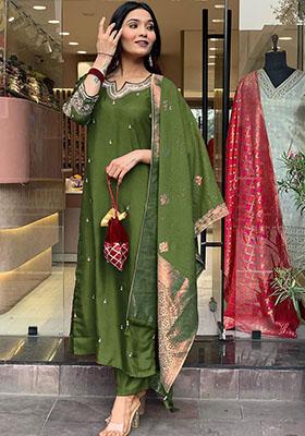 Mehndi Green Embroidered Silk Kurta Set 