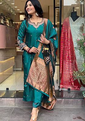 Sky Blue Embroidered Silk Kurta Set 