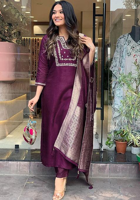 Women Wine Silk Blend Kurta Set With Dupatta Embroidered Work