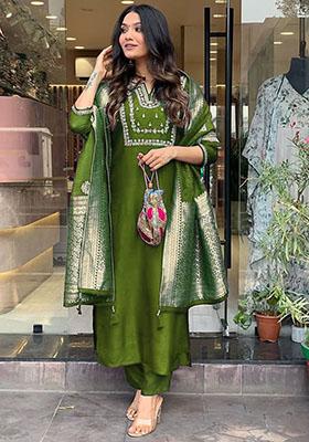 Mehndi Green Embroidered Silk Kurta Set 