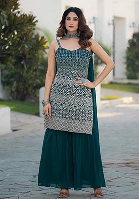 Teal Blue Embroidered Georgette  Sharara Set