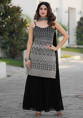 Black Embroidered Georgette  Sharara Set
