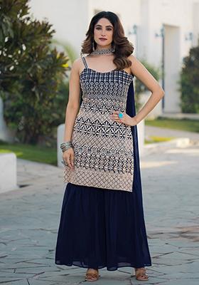 Blue Embroidered Georgette  Sharara Set