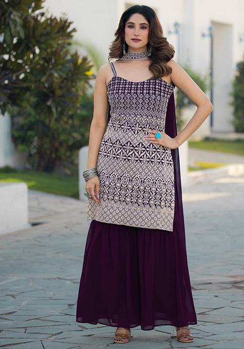 Wine Embroidered Georgette  Sharara Set