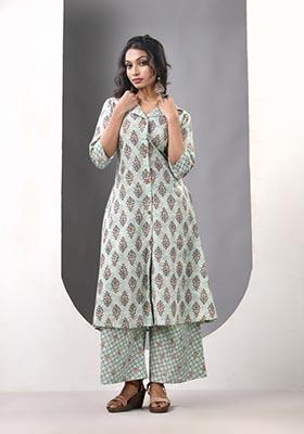 Mint Green Printed Cotton Palazzo Set