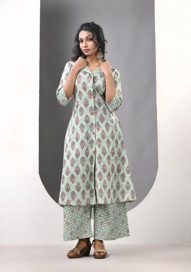Mint Green Printed Cotton Palazzo Set