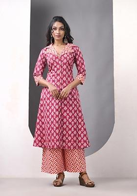 Dark Red Printed Cotton Palazzo Set