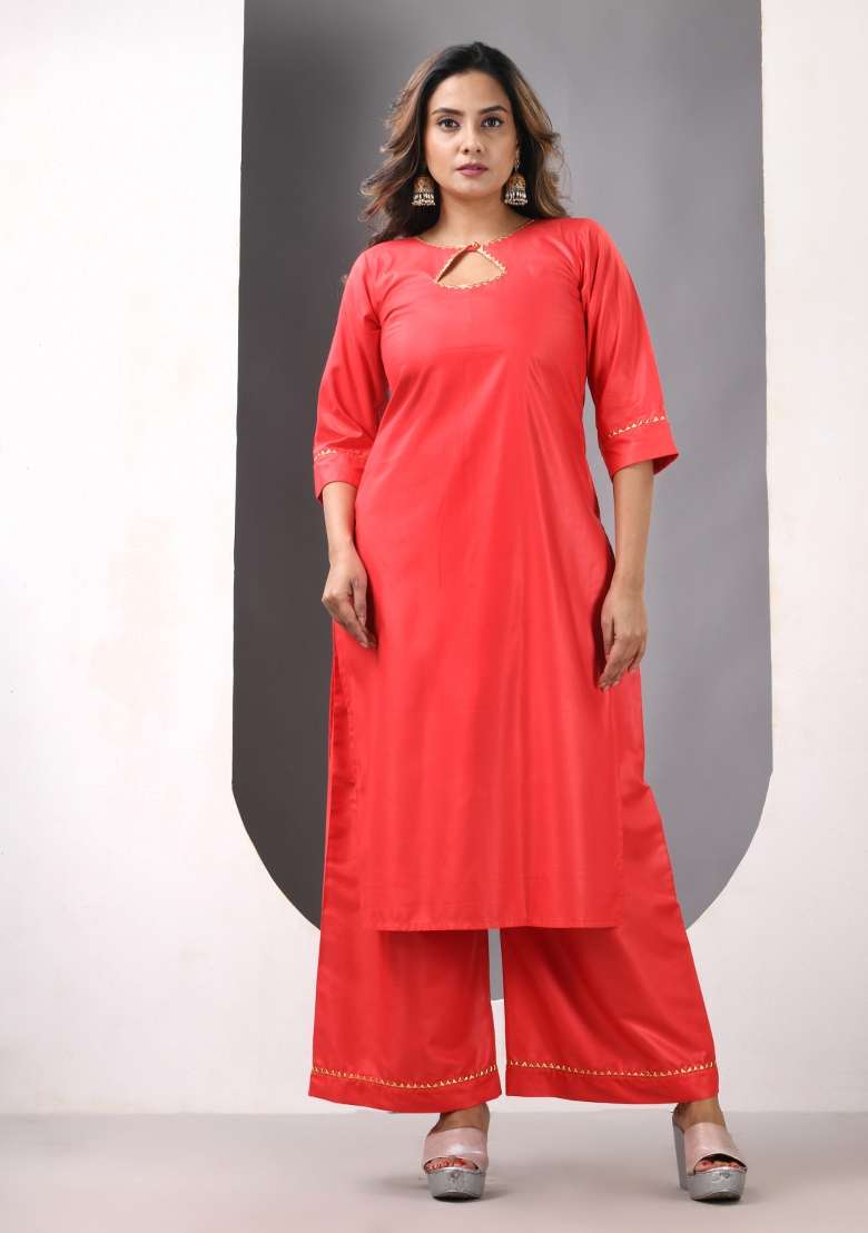 Red Solid Rayon Straight Kurta Set - Indya