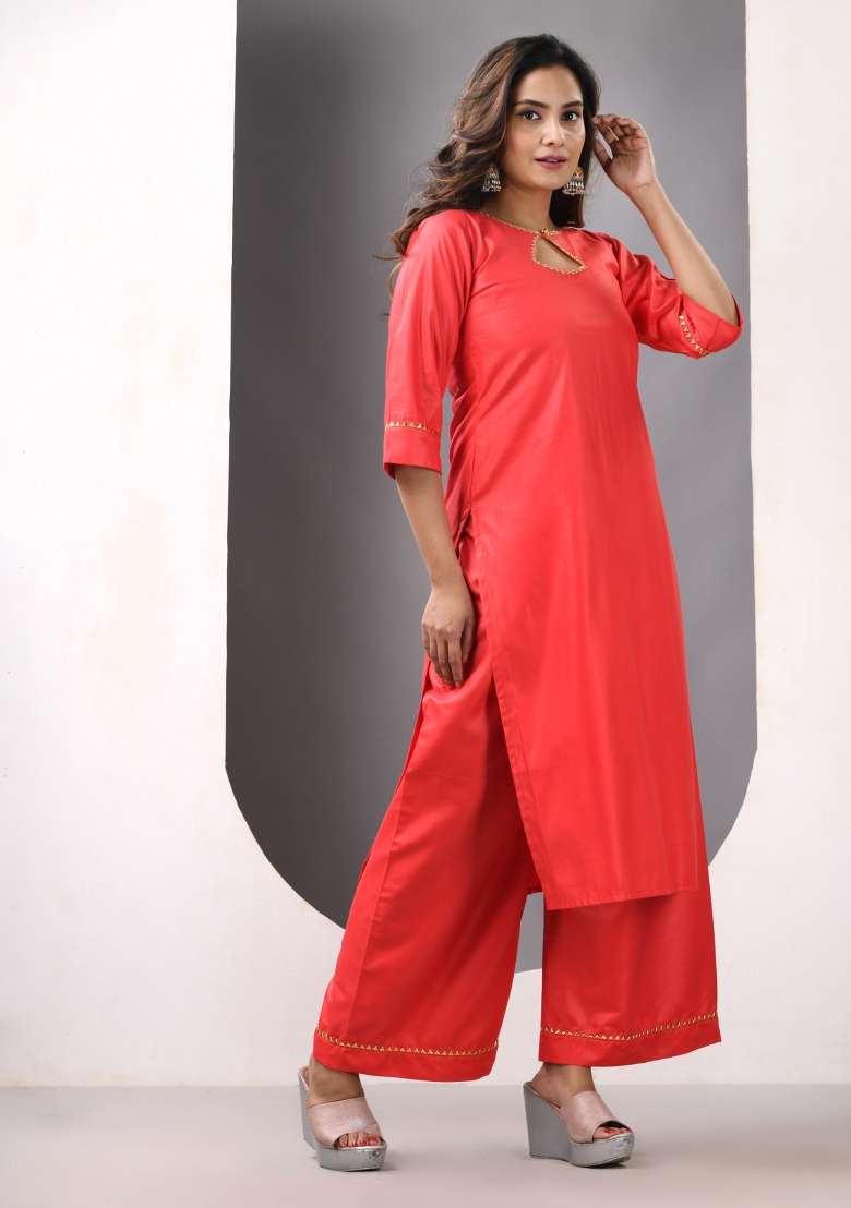 Red Solid Rayon Straight Kurta Set - Indya