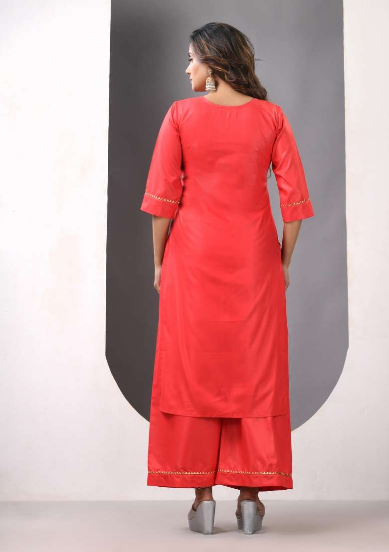 Red Solid Rayon Straight Kurta Set - Indya