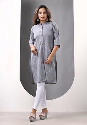 Grey Solid Cotton Kurta