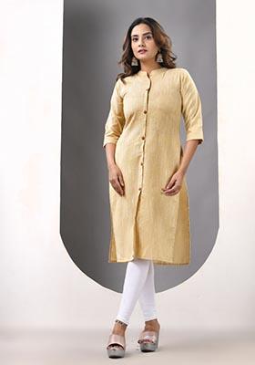 Beige Solid Cotton Kurta
