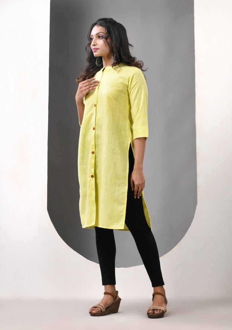 Lemon Yellow Solid Cotton Kurta - Indya