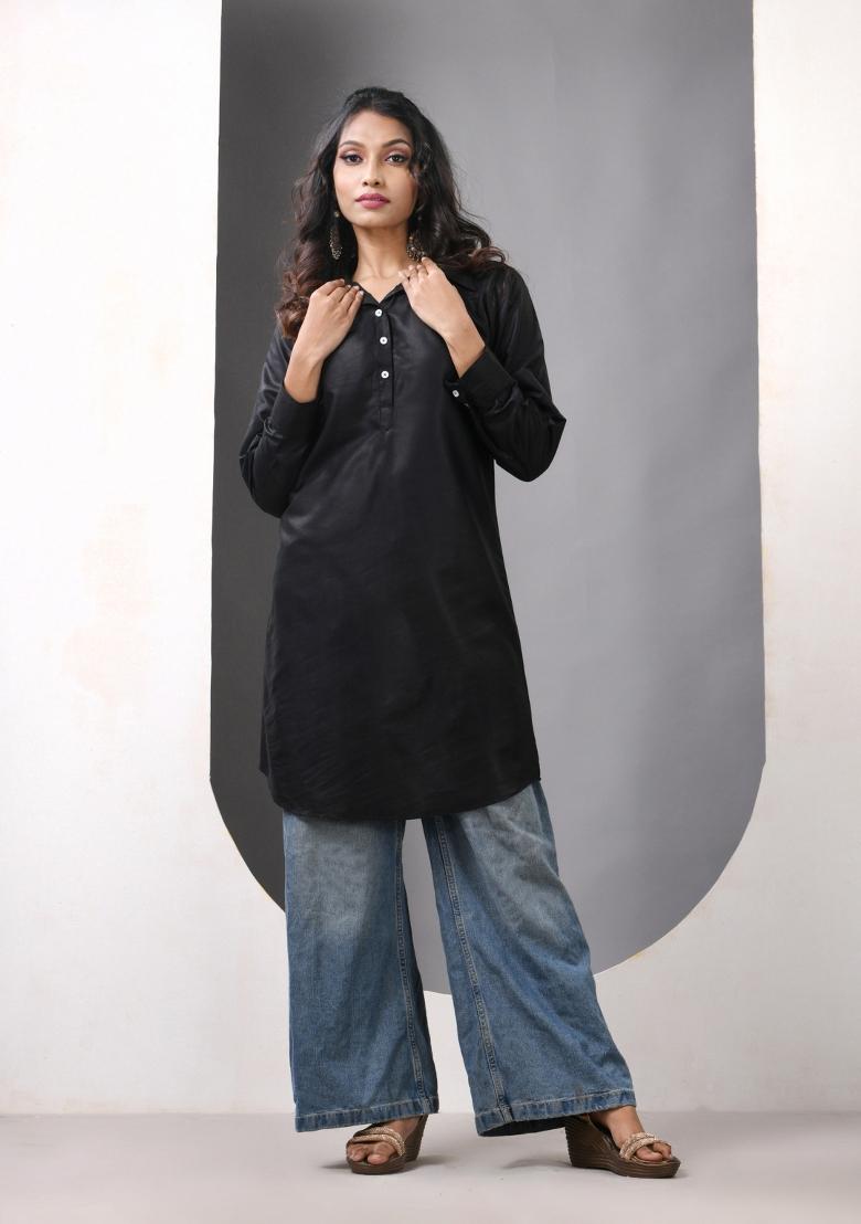 Black Solid Rayon Kurta - Indya