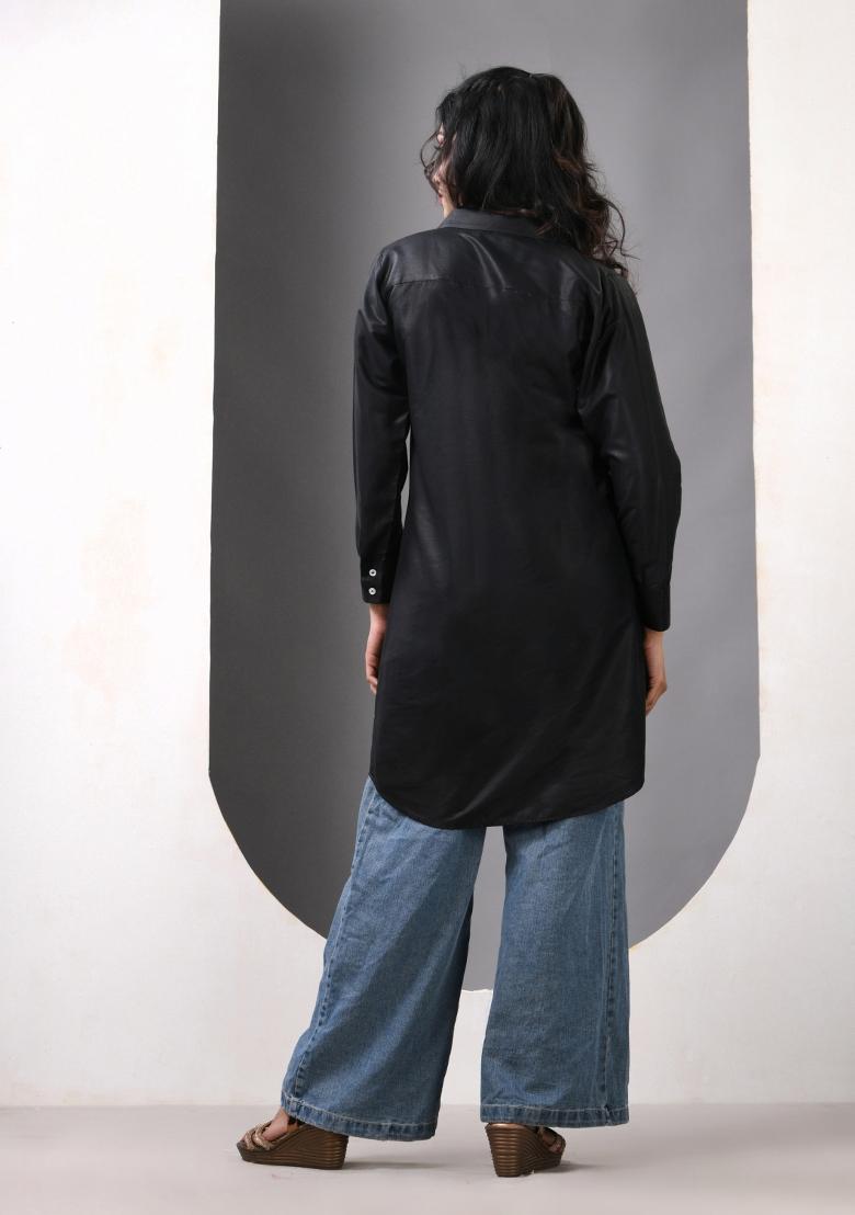 Black Solid Rayon Kurta - Indya