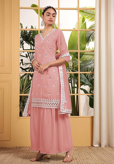 Peach Embroidered Georgette Sharara Set