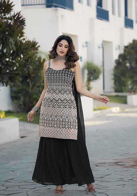 Black Embroidered Georgette Sharara Set