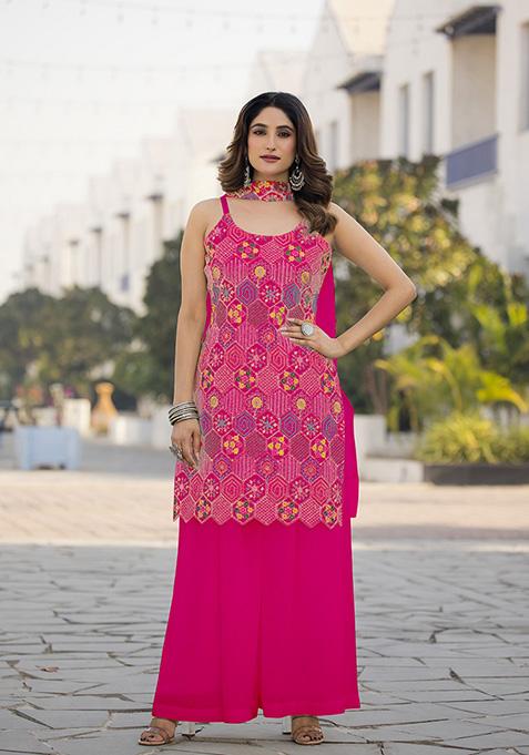 Hotpink Embroidered Chinon Palazzo Set