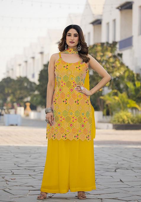Yellow Embroidered Chinon Palazzo Set