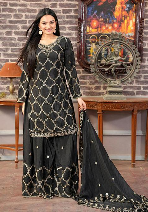 Black Embroidered Silk Sharara Set