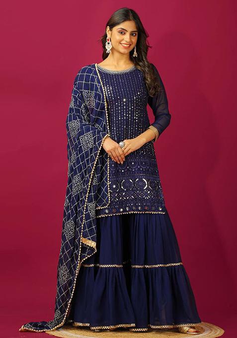 Blue Embroidered Georgette Sharara Set