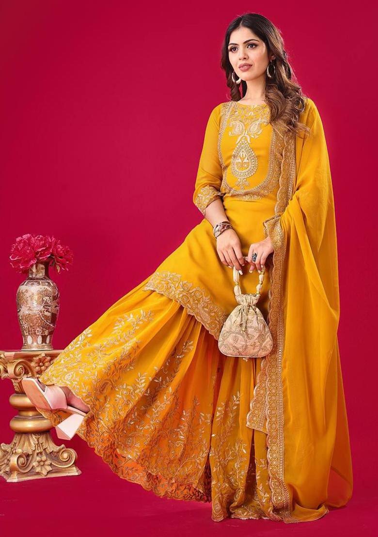Yellow Embroidered Georgette Palazzo Set