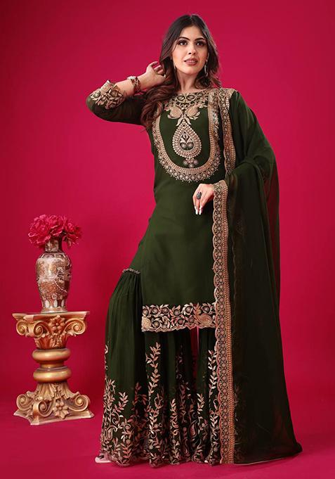 Green Embroidered Georgette Palazzo Set