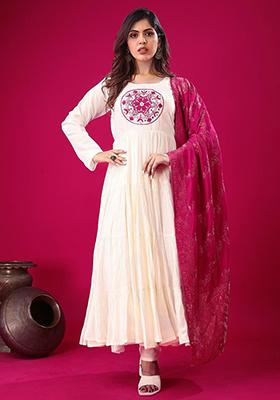 Off White Embroidered Silk Anarkali Set
