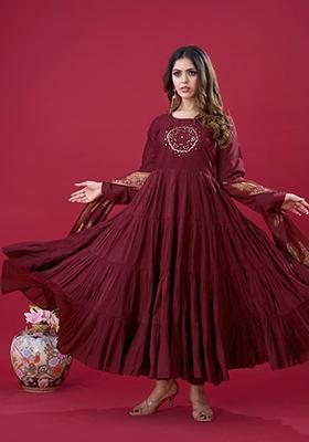 Maroon Embroidered Silk Anarkali Set