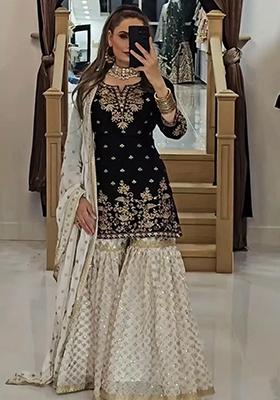 Black Embroidered Georgette Sharara Set