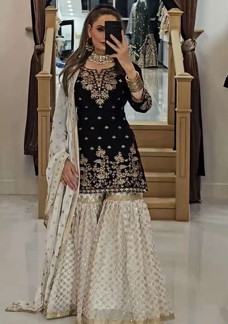 Black Embroidered Georgette Sharara Set - Indya