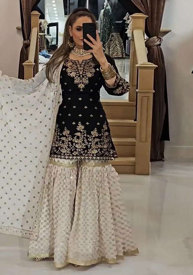 Black Embroidered Georgette Sharara Set - Indya