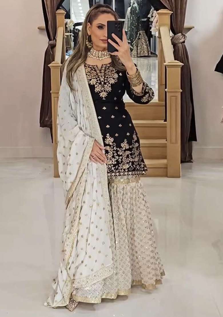 Black Embroidered Georgette Sharara Set - Indya