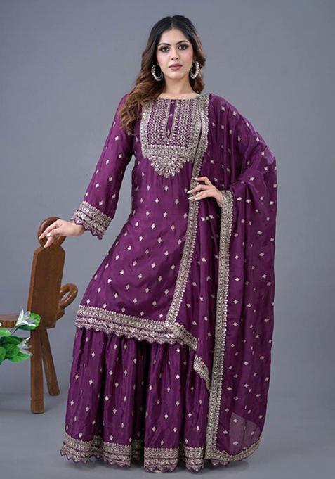 Purple Embroidered Silk Sharara Set