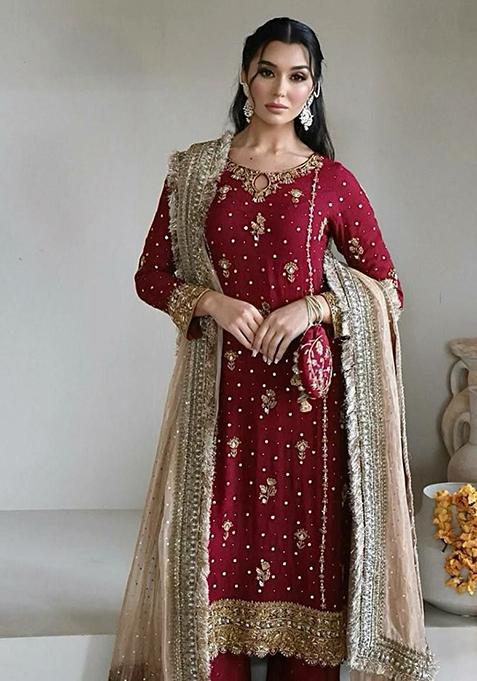 Maroon Embroidered Georgette Salwar Kameez