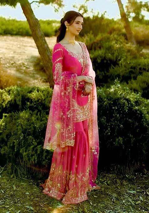 Pink Embroidered Silk Sharara Set