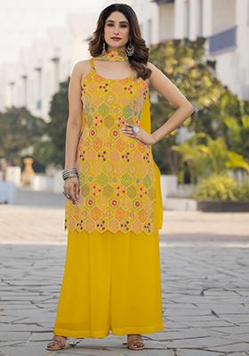 Yellow Embroidered Georgette Palazzo Set