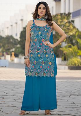 Teal Blue Embroidered Georgette Palazzo Set