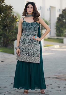 Teal Green Embroidered Georgette Palazzo Set
