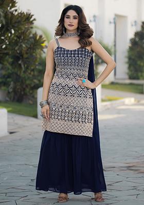 Navy Blue Embroidered Georgette Palazzo Set