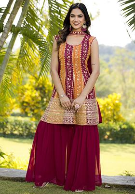 Maroon Embroidered Georgette Palazzo Set