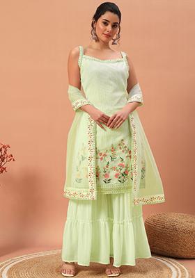Lime Yellow Embroidered Georgette Palazzo Set