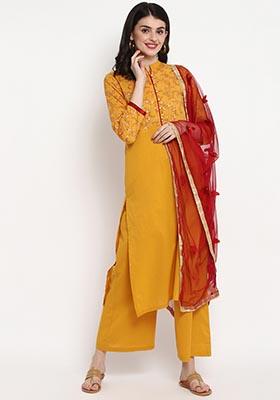 Yellow Self Design Cotton Kurta Set