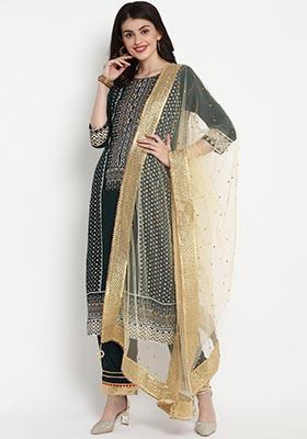 Green Self Design Cotton Kurta Set